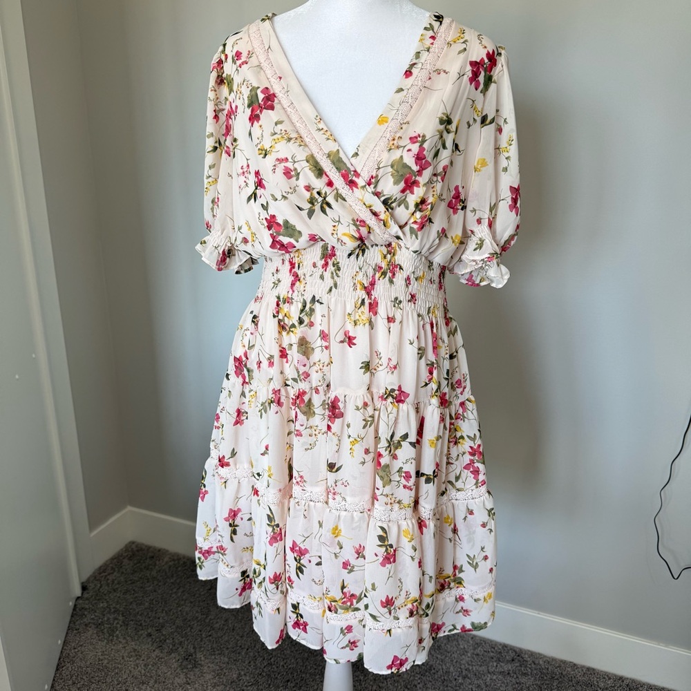 Taylor Floral Midi Dress in Pink and Cream